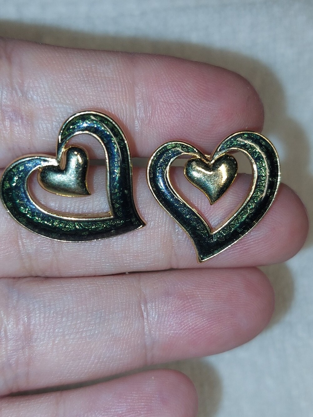 Gold-Tone Green Enamel Double Heart Stud Earrings
